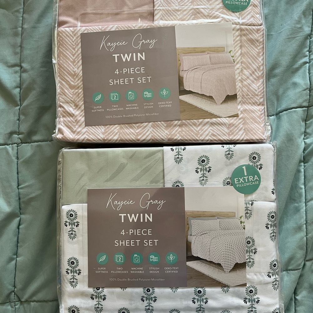 New 4-Piece Twin Sheet Set - Lot of TWO, Kaycie Gray OEKO-TEX Certified